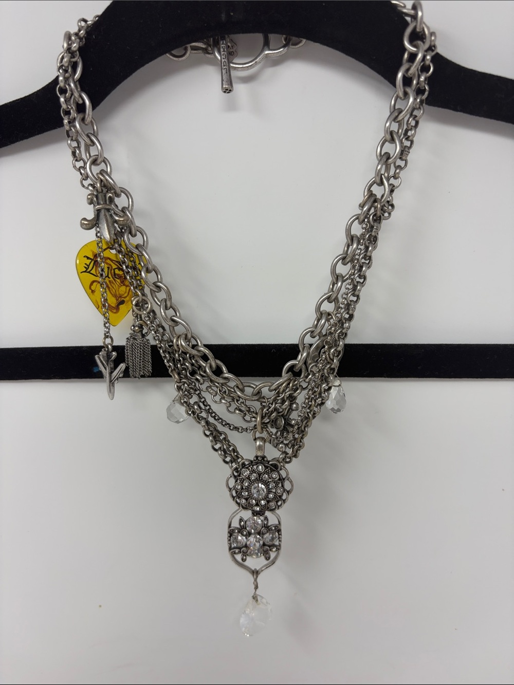 Lucky Brand Vintage Y2K Rare Silver-Tone Multi Charm Crystal Pendant Necklace